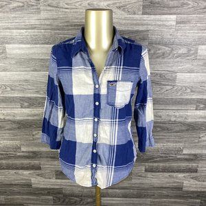 HOLLISTER Button Down 3/4 Sleeves White/Blue Plaid Shirt Women's Size Small